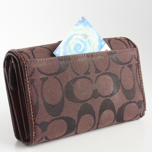 Coach Signature Wallet Multifunction Bifold Jacquard & Burgundy Leather - Picture 3 of 10